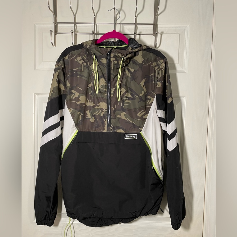 Superdry Anorak Pullover Hooded Jacket Mens L Black White Camo Hoodie